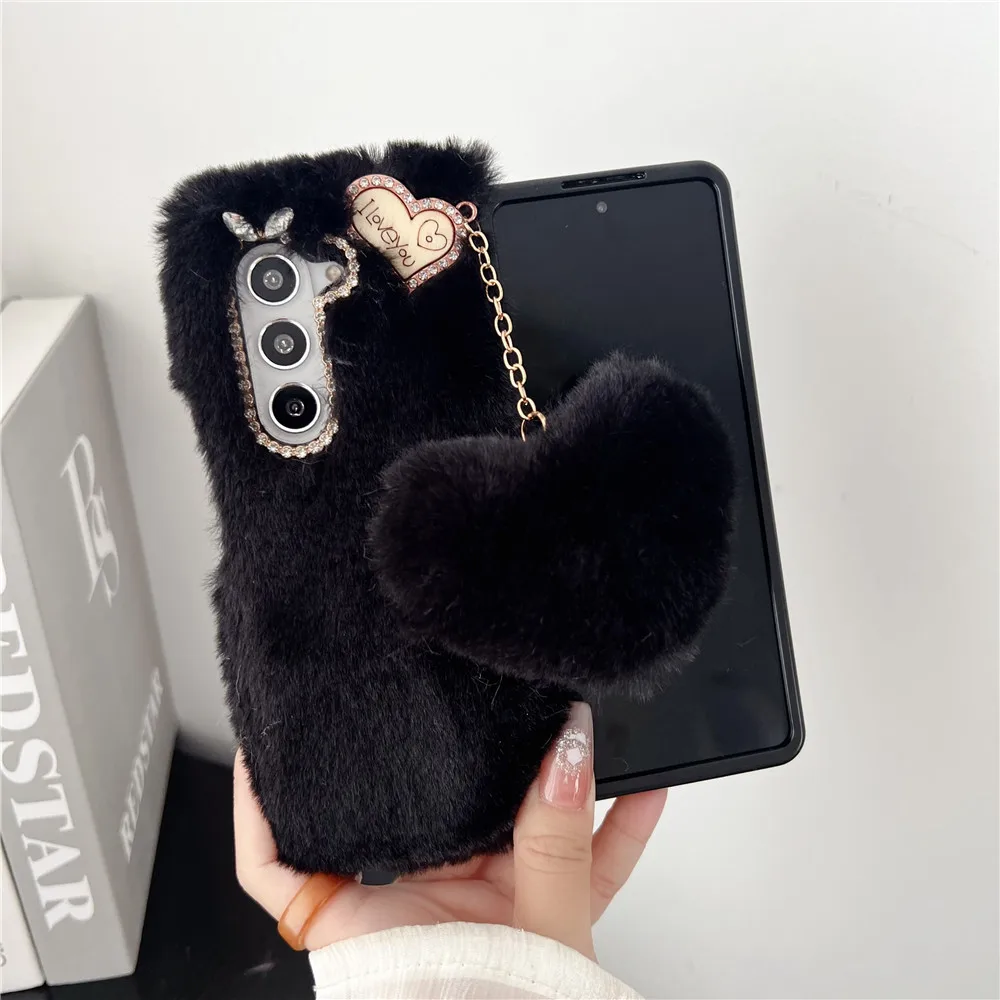 For Samsung Galaxy Z Fold 5 Case Korea Cute Fluffy Plush Love Pendant Phone Case For Galaxy Z Fold6 Cover Z Fold3 Z Fold2 Fold5 | Gaffar India