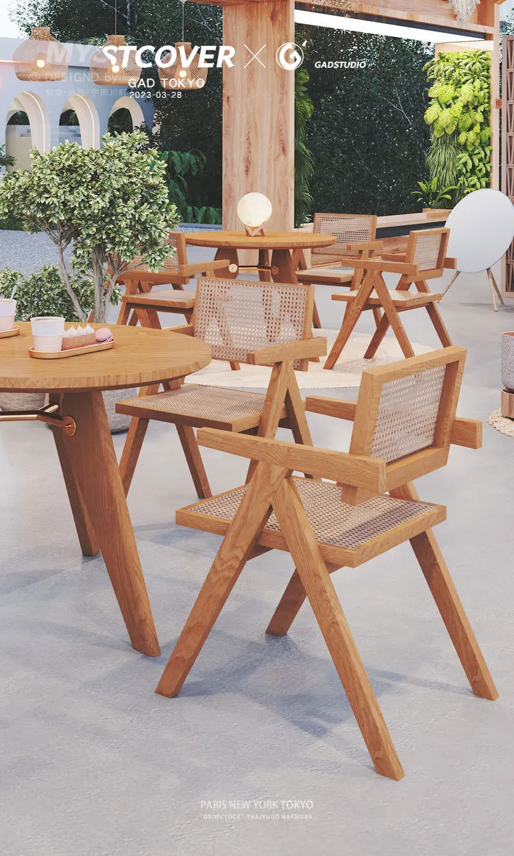 Rattan Restaurant Solid Wood Table and Chair Combination Set Coffee House Wabi-Sabi Wind Negotiation Lounge Area