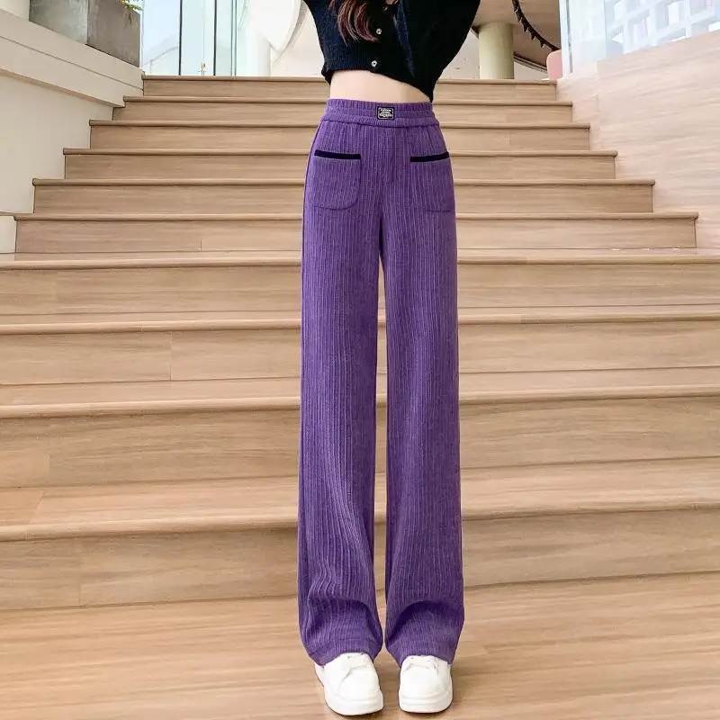 Autumn and Winter Women's Solid Color Drawstring Pocket Long Loose Slim Fit Plush Thickened Straight Leg Fashion Elegant Pants