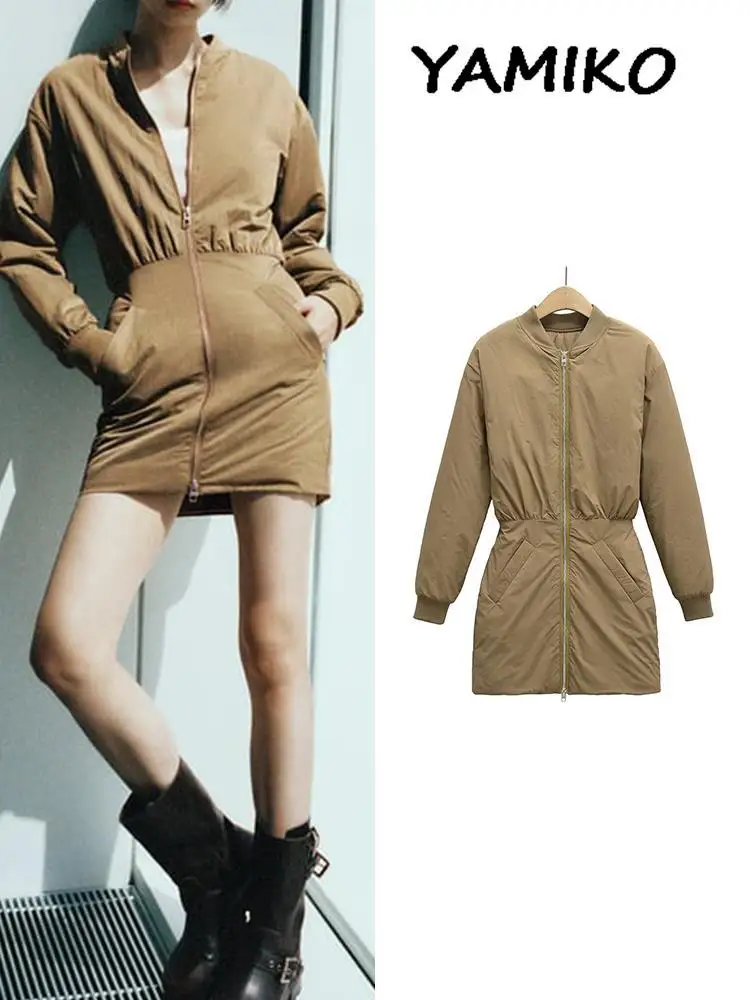 

Fashion Women Bomber Short Dress Padded Round Neck Long Sleeve With Metal Zipper Mini Dresses 2023 Winter Casual Female Vestidos