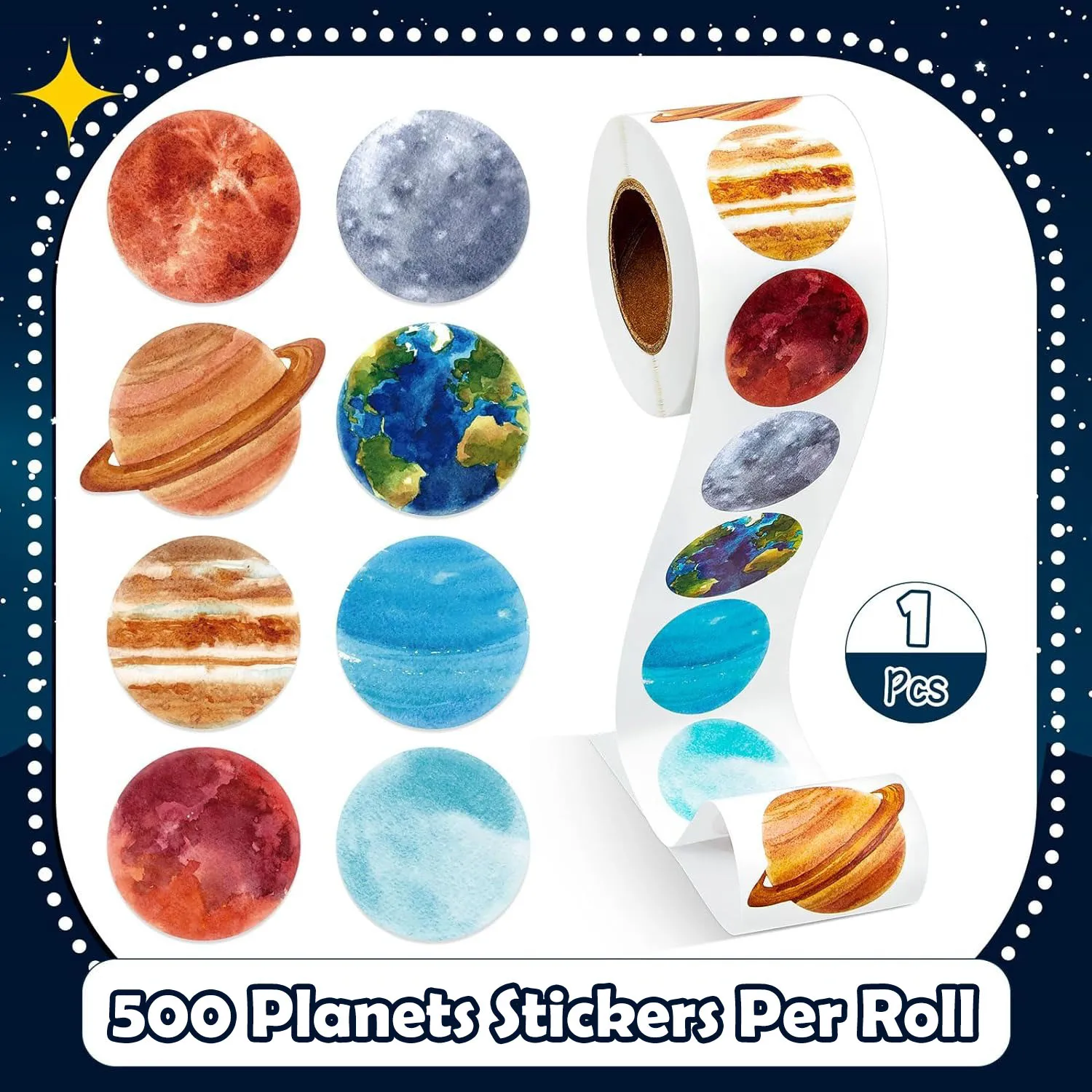 Stationery stickers 500Pcs/Roll Solar System Colored Planets 2.5cm/1.0'' Space Knowledge Learning