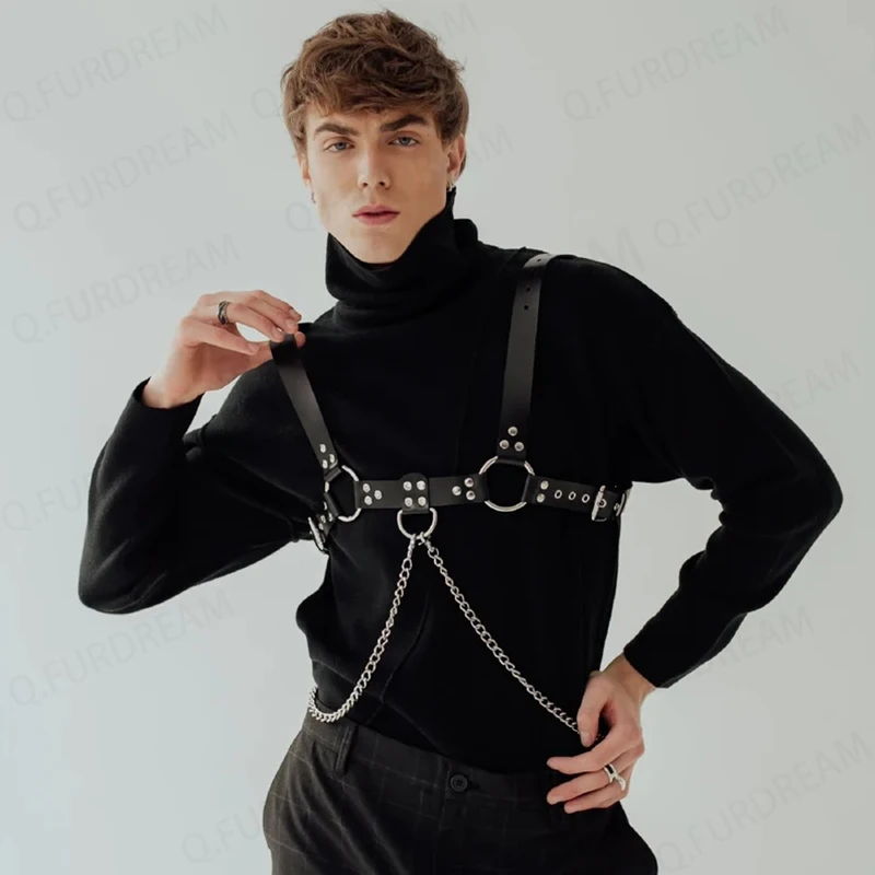 

Gay Men's PU Leather Chest Harness with Chain Suspenders Body Harness Festival Wear Carnival Rave Outfit Black Men Accessories