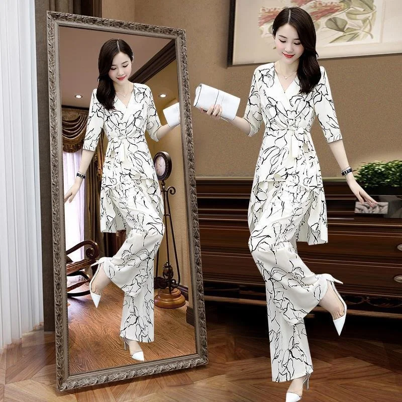 

Women's Suit Casual Summer Two Piece 2022 New Fashion Slim Wide Leg Long Pant Half Sleeve Crop Top Korean Style Printed Outfits
