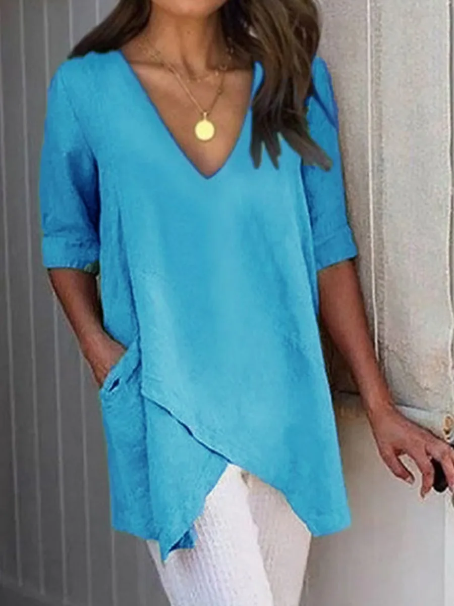 

Women's Shirt Summer Irregular Casual V-neck Half Sleeve Top Ladies Pullover Solid Color Blouse Tops Chemisier Femme Blusas 2023