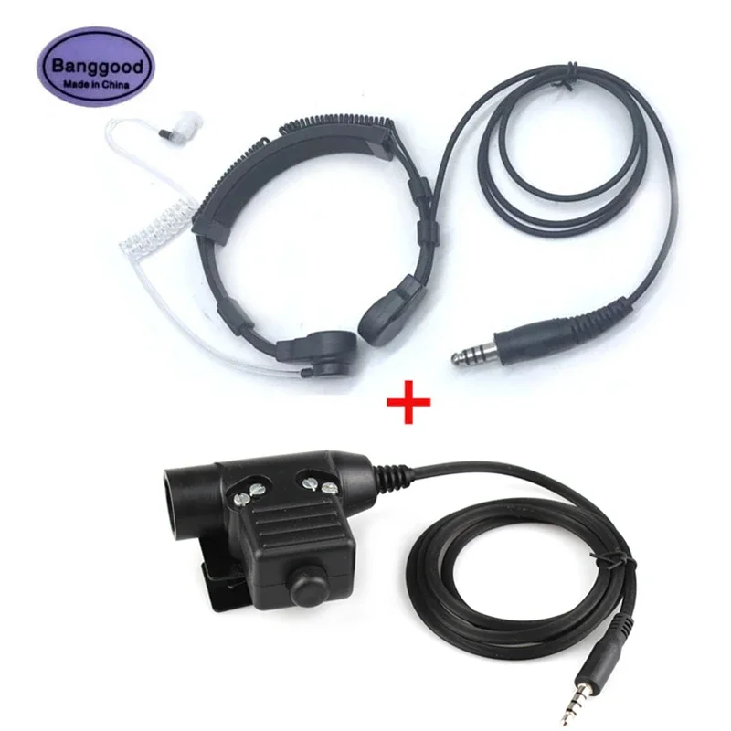 Air Tube Throat Vibration Mic Headset + Z Tactical U-94/A U94 PTT Military Adapter for 3.5mm Plug Jack Mobile Cell Phone