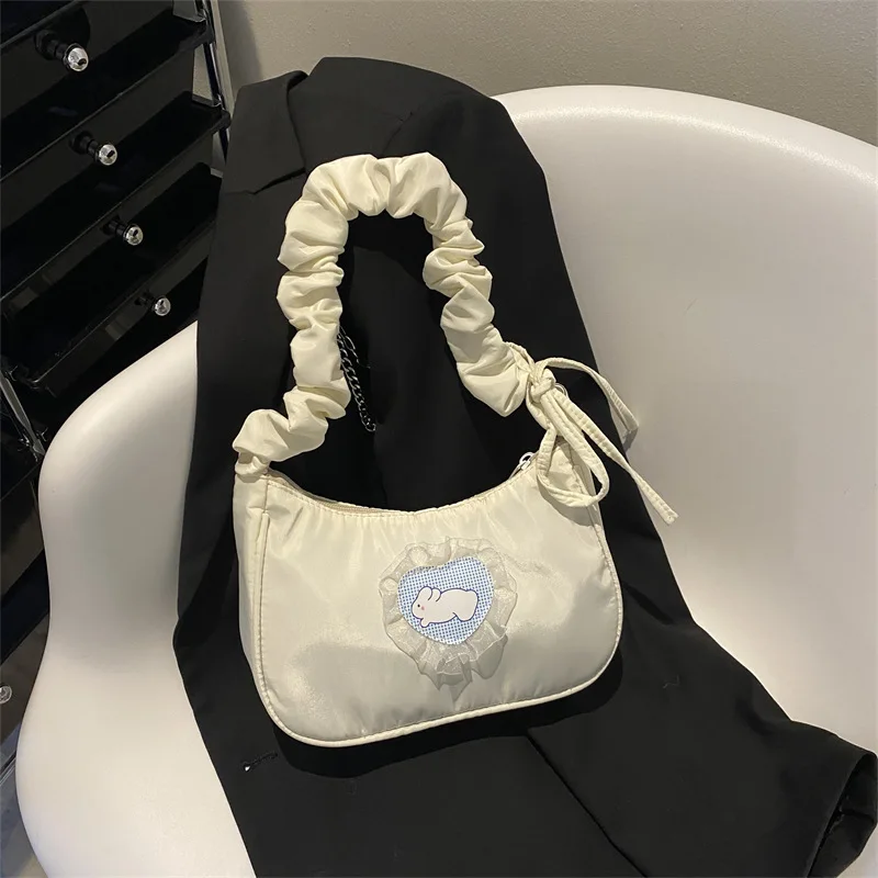 

Shoulder Bags Women Nylon Cartoon Rabbit Sweet Lovely Girls All-match Pleated Strap Lace Underarm Zipper Fashion Brand Ins Retro