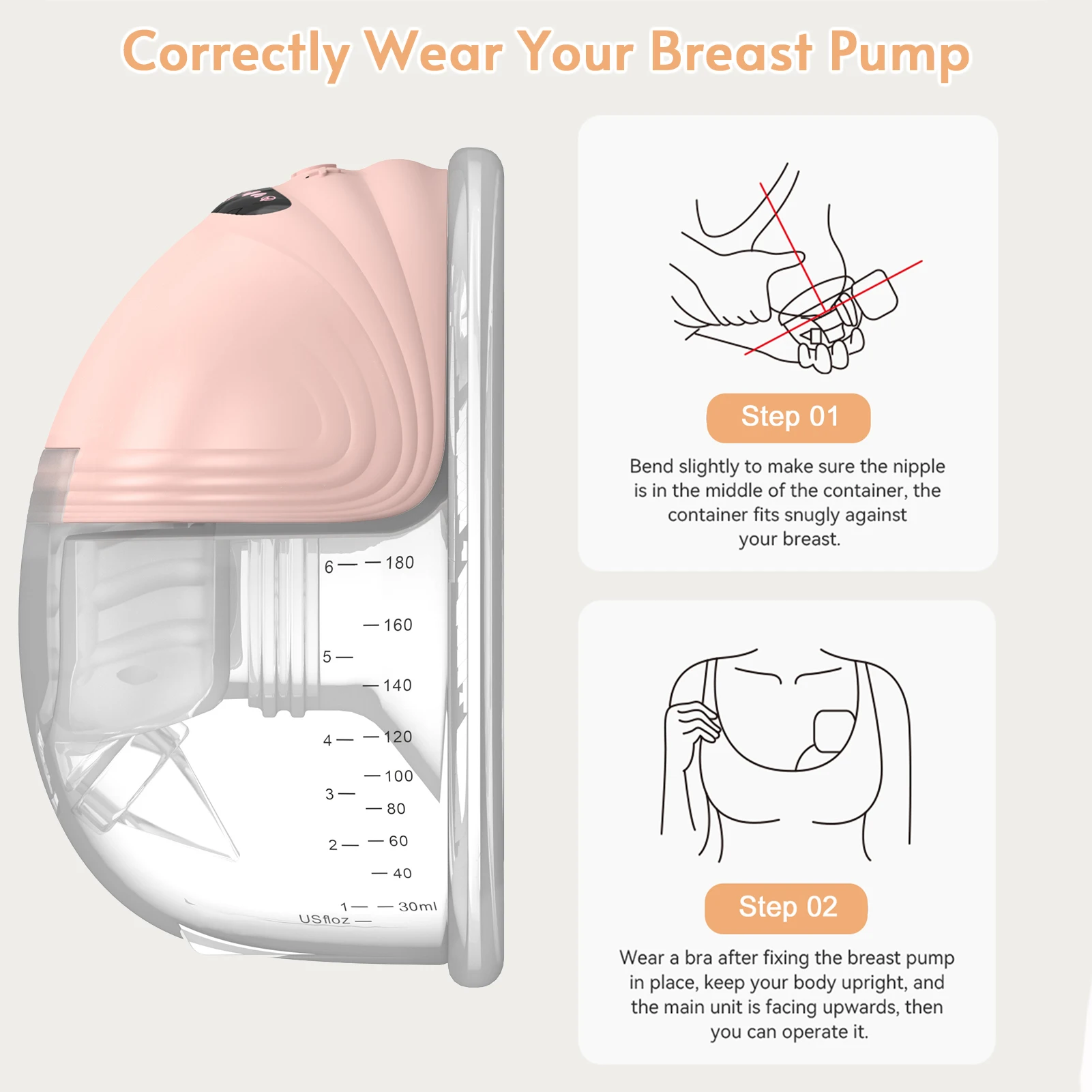 Wearable Breast Pump for Breastfeeding Portable Electric Breast Pump Hands Free with 24mm Silicone Flange 180ml Storage Capacity 2