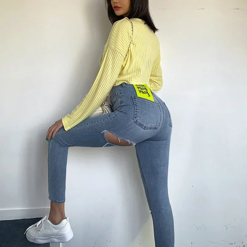 

Women After The Hole Tight Jeans High Waist Denim Pants 2024 Lady Sexy Summer Bodycon Pant Casual Destroyed Hole Long Trousers