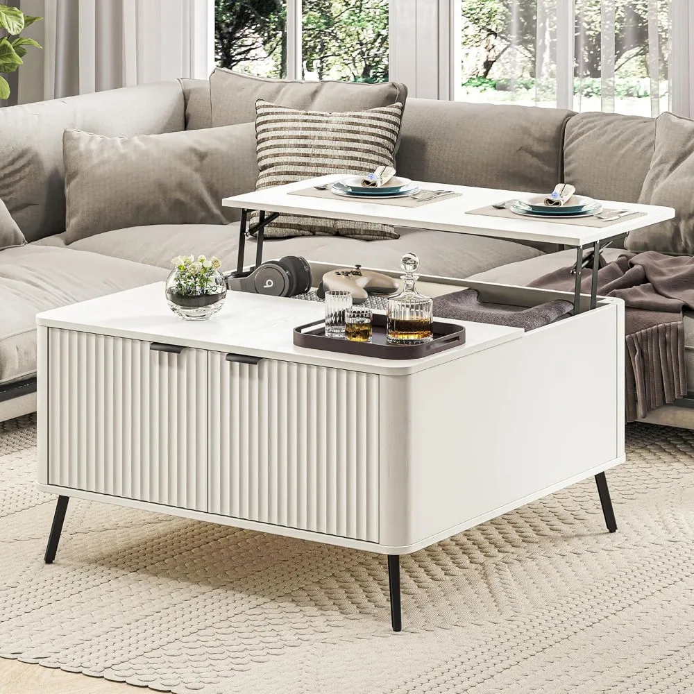 Coffee Table, Lift Top Coffee Table for Living Room, 35.4" Square Coffee Table with Storage, Modern Fluted Center Table with Hid 3