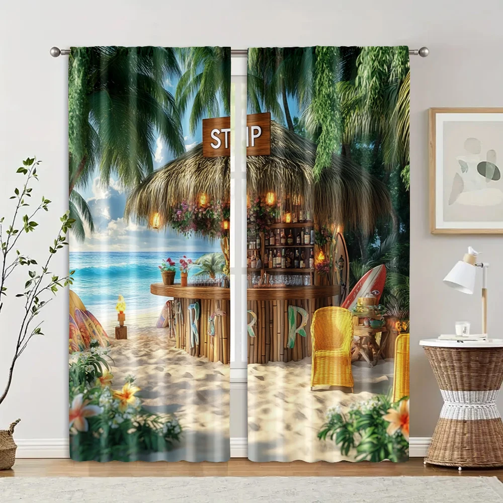 2pc,  Window Drapes Flower Beach Cottage Landscape Map Blackout  Polyester Birthday Party Applies to Seasonal Decorations 2