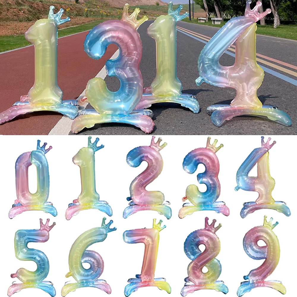

32 Inch Standing Number Balloons with Crown Crystal Gradient Color Digital Foil Balloon 0-9 Birthday Party Wedding Decorations