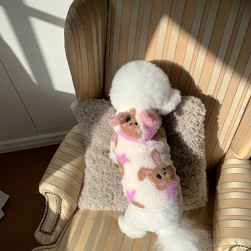 Rabbit Pet Dog Hooded Fleece Coat Winter Bichon Clothes Warm Cotton Coat Small Dog Thickened Cardigan Christmas Puppy Clothing