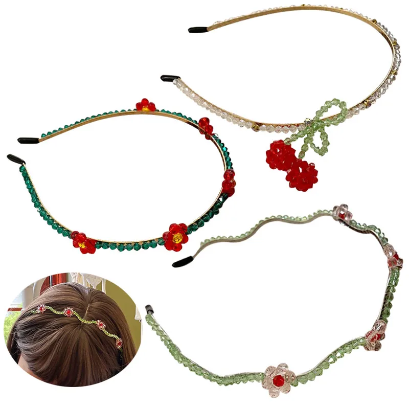 Lovely Shiny Flower Cherry Beads Hair Hoops Handmade Crystal Beaded Hair Bands Hair Accessories for Girls