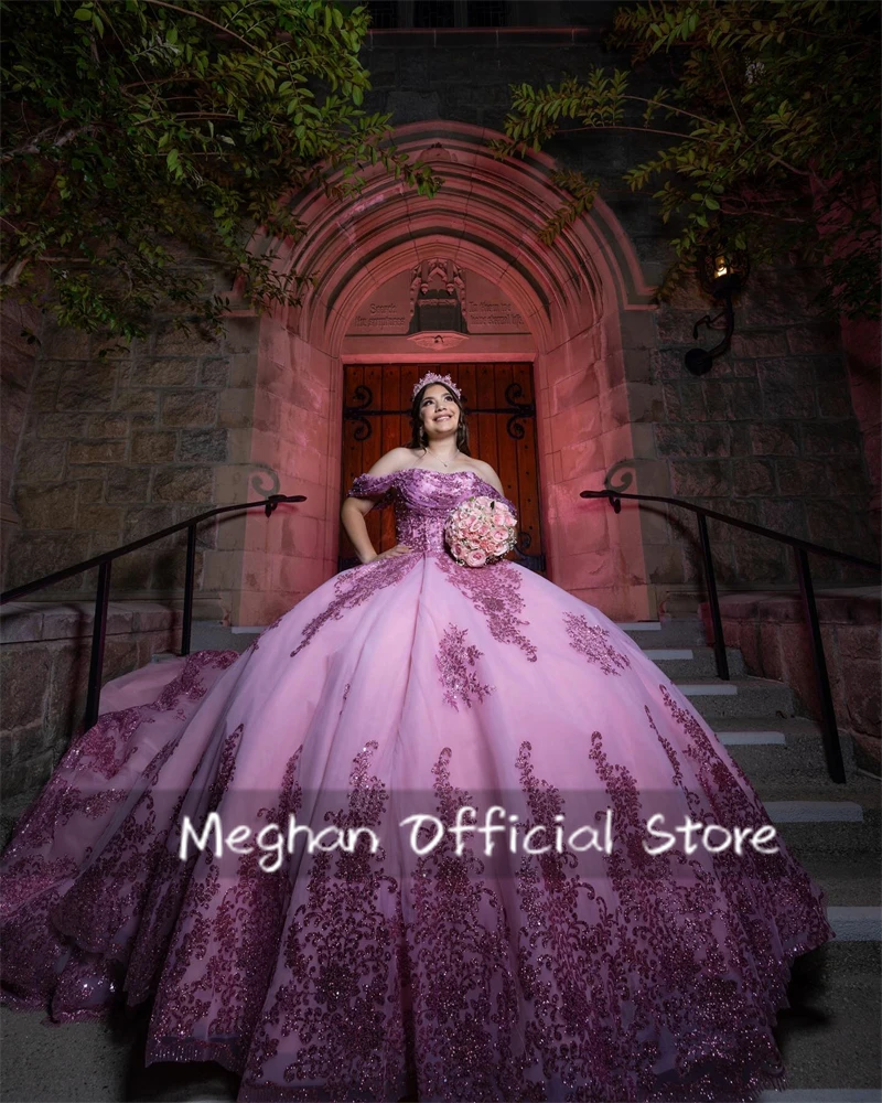 Pink Off Shoulder Bow Quinceanera Dress Ball Gown Bead Appliques Birthday Luxury Dress Sequin Graduation Gown Customized