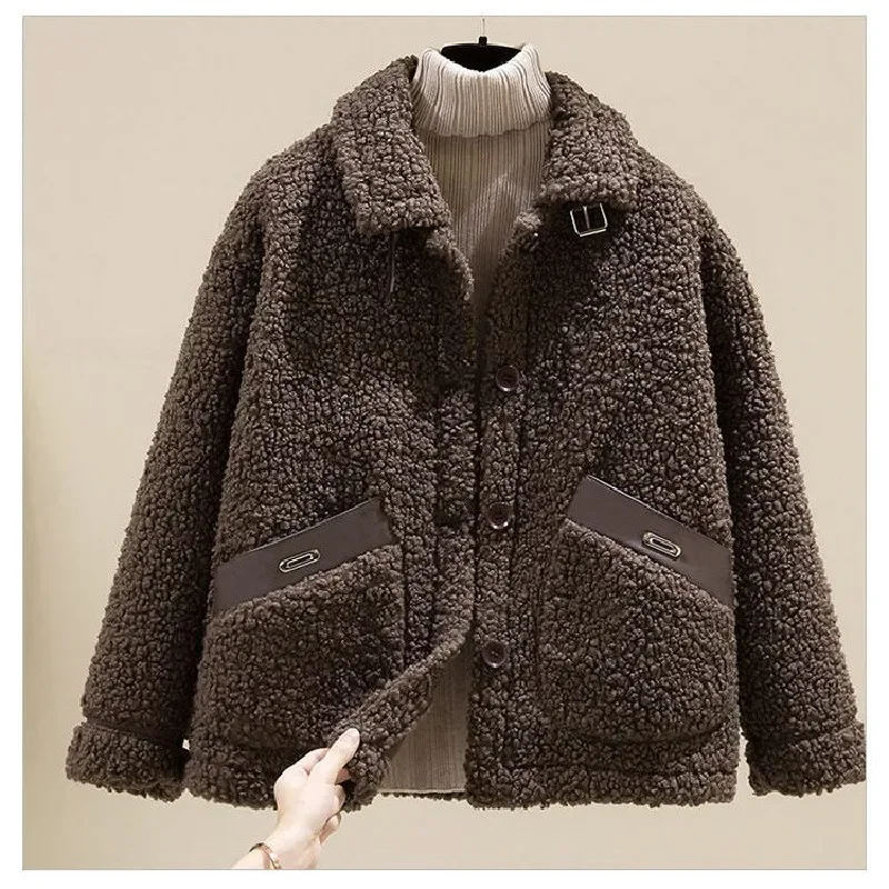 

Thick Lamb Wool Coat Women Jacket 2022 Winter New Single Breasted Loose Grain Velvet Pocket Fur All-in-one Short Cardigan Female