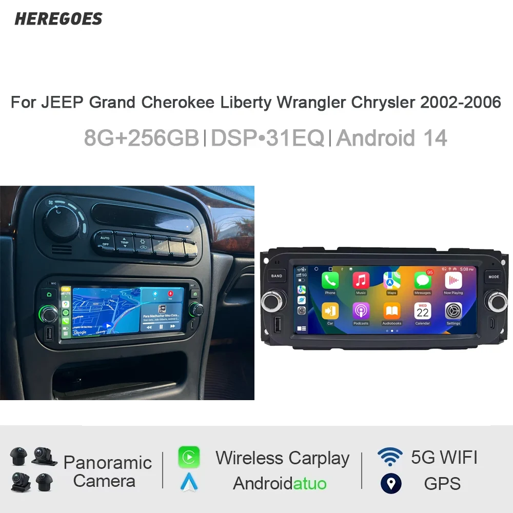 Reproductor Multimedia para Auto con Carplay Android 14 8G+128G, Radio, GPS, WIFI para JEEP Grand Cherokee, Liberty, Wrangler, Chrysler 2002-2006 1