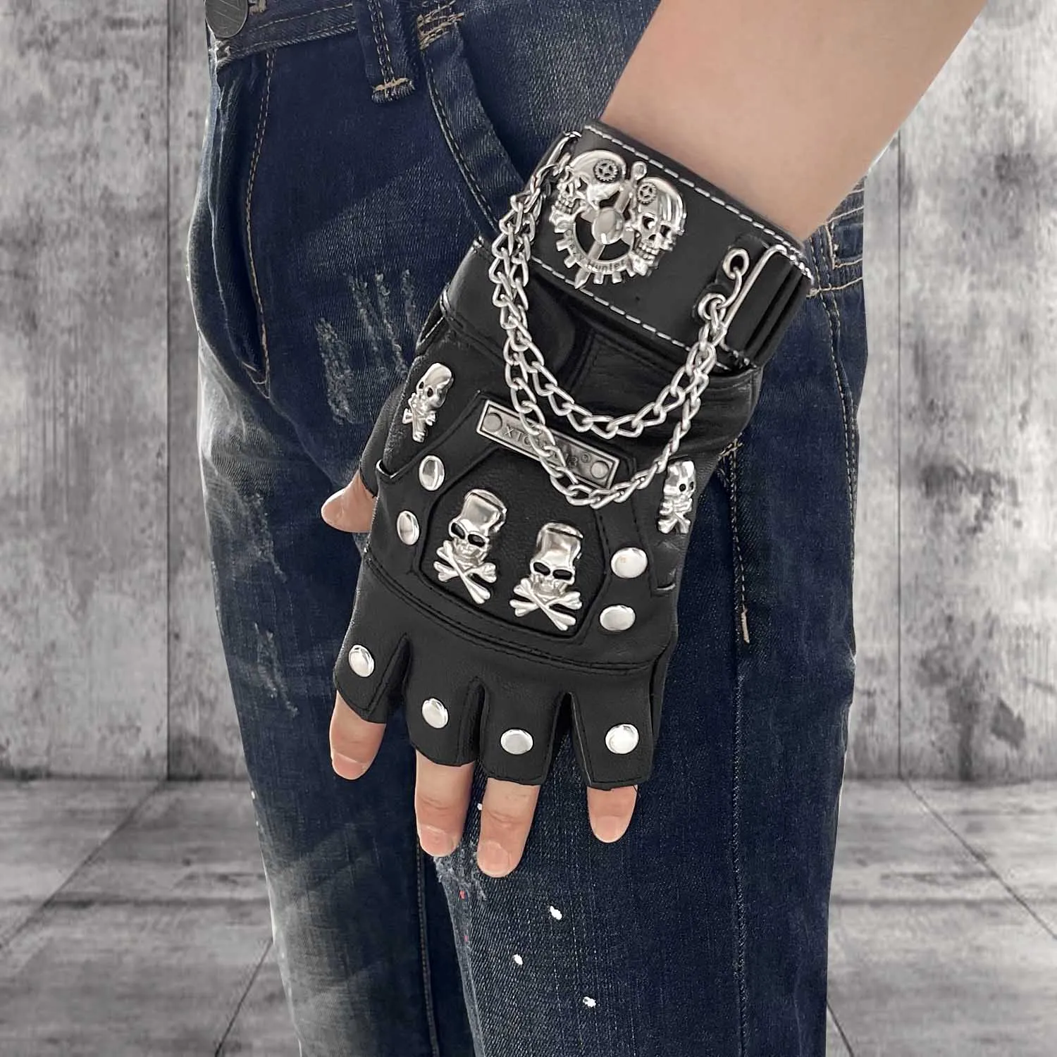 Skull Punk Rock Biker Black Leather Gloves Metal Chain Fingerless ...