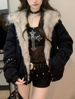 Inverno Nuovo Elegante Fodera di Pelliccia Cappotto Allentato Delle Donne Y2k Collo di Pelliccia Cappuccio di Spessore Moda Parka Casual Tuta Sportiva di Cotone Imbottito Giubbotti 1