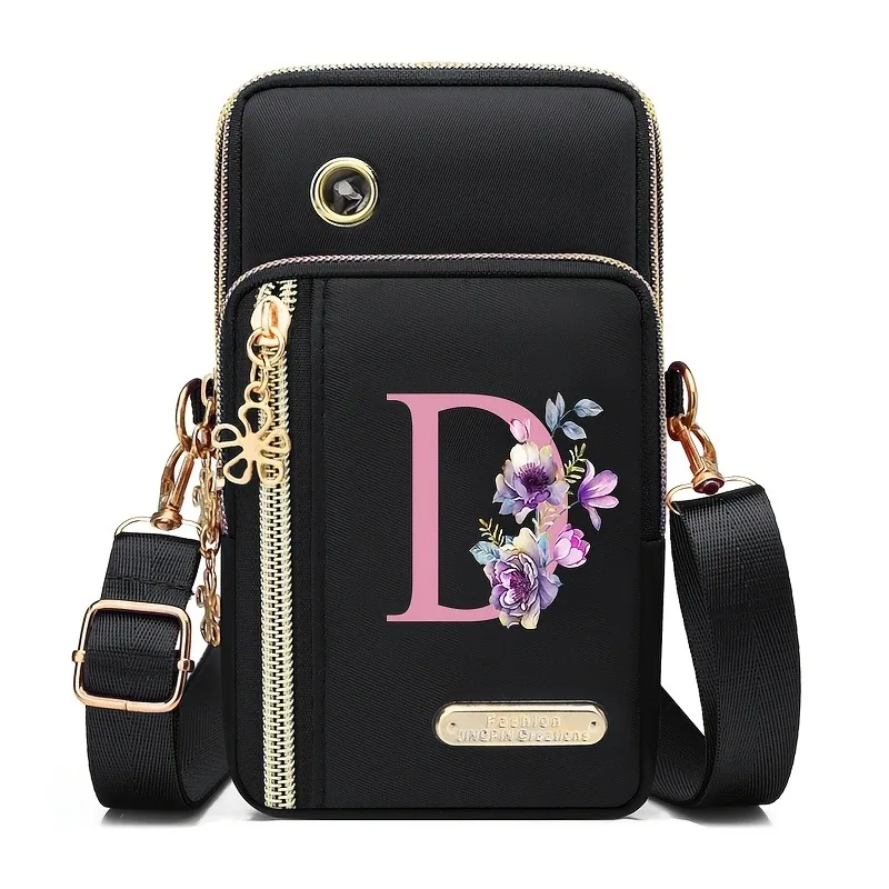 Floral Print Mobile Wallet with Zippered Card Organizer and Adjustable Strap