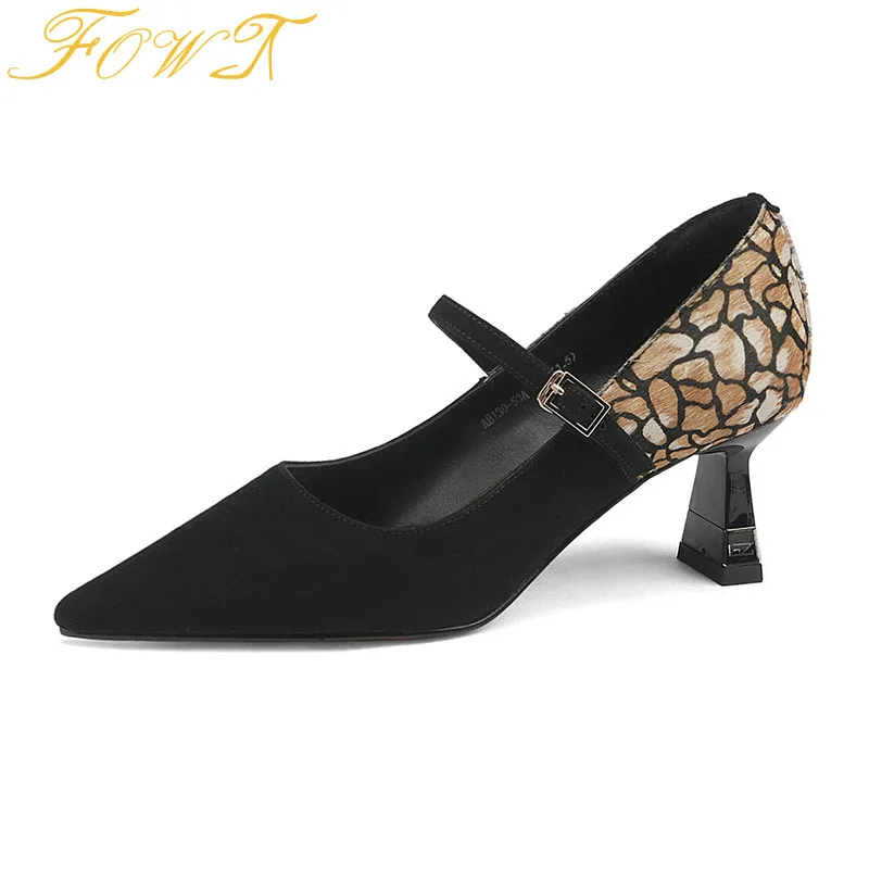 

Women's Retro Patchwork Mary jane Pumps Female Bucke Strap Shoes Kitten Heels 6cm Pointed Toe Leopard Office Work Shoes Size