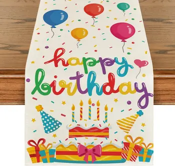 Torte di buon compleanno Cappelli regalo Candela Runner da tavolo in lino Comò Sciarpa Riutilizzabile Cucina Tavolo da pranzo Runner Decorazione natalizia 1