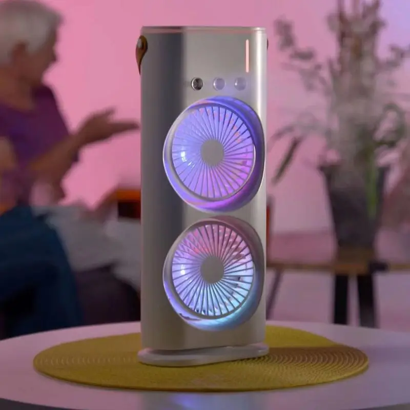Ventilador de pulverización de doble punta, humidificador con luz LED,  Enfriador de aire Personal para viajes, Camping, habitación y dormitorio -  AliExpress