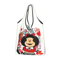 Love And Mafalda Surrounded By Hearts Shopping Bags Women Portable Large Capacity Groceries Manga Cartoon Shopper Tote Bags
