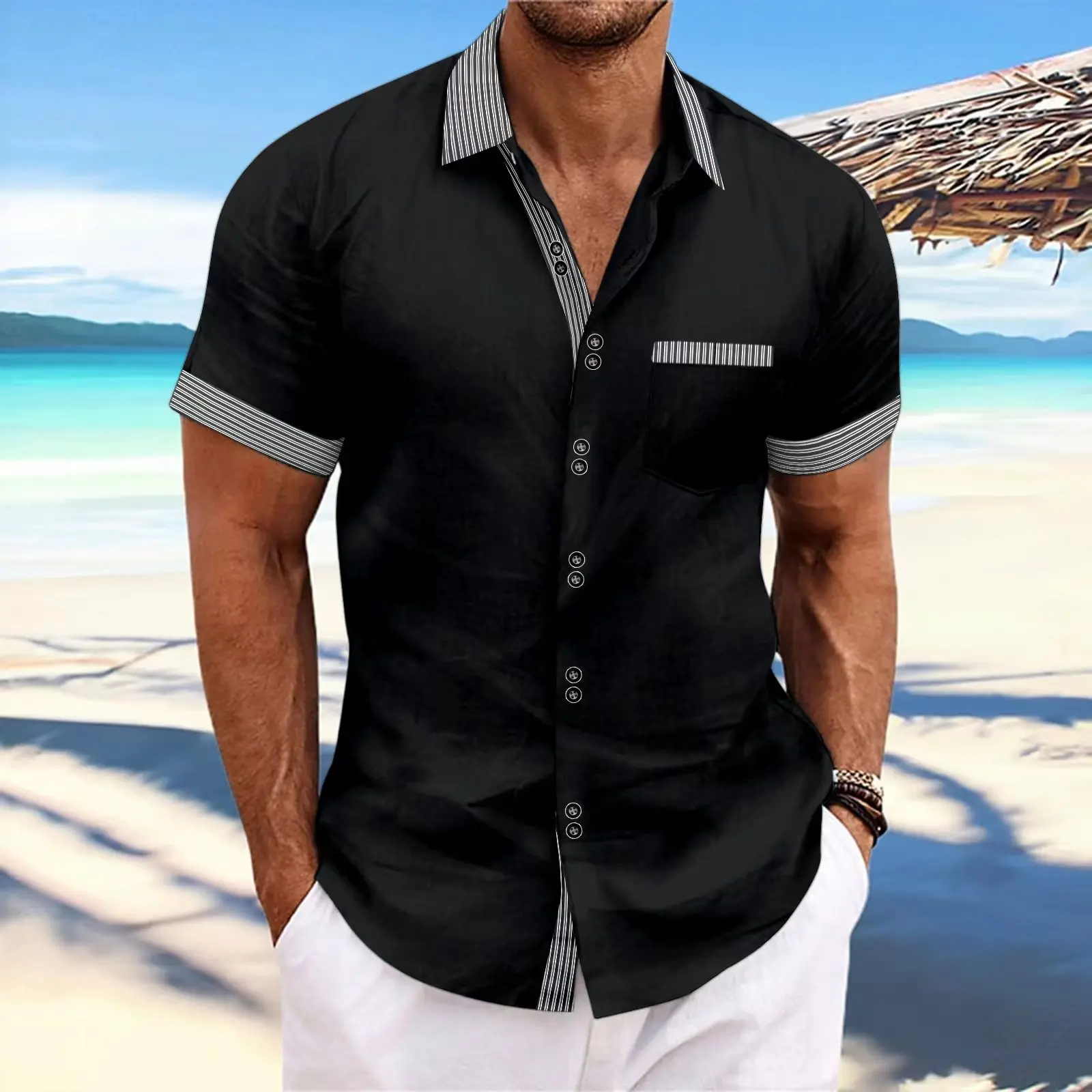 Men's Shirts Fashion Striped Double Buckle Short Sleeve Business Slim Casual