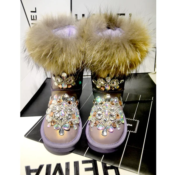 

Fox Fur Warm Winter Snow Boots Women Luxury Rhinestone Real Slip-on Ankle Boots Ladies Round Toe Flat Shoes Casual Boots 2023