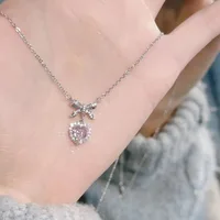Crystal Zircon Bow Knot Heart Pendant Necklaces Y2K Pink Heart Ladies Girls Fashion Elegant Clavicle Chain Women Jewelry 2023 5