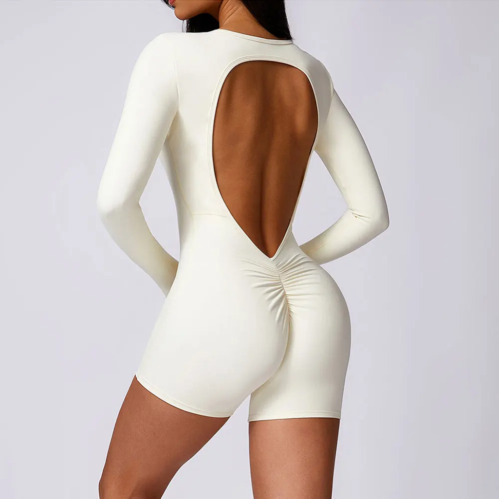 Sexy Back V Jumpsuit Gym Set Women Training Yoga Suit Long Sleeves Sportswear Sports Fitness Rompers Stretch Workout Bodysuits