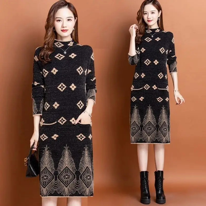 

Women Print Vintage Knit Dress 2024 New Autumn Winter Thick Warm Clothes Half High Collar Knee-length Female Long Sweater