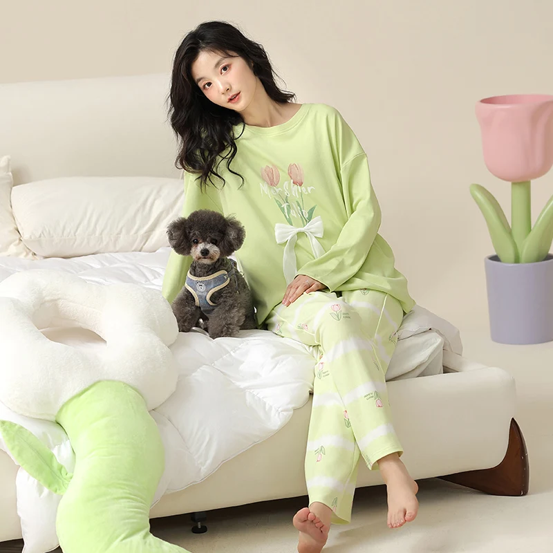 

All cotton spring and autumn women's pajamas round neck long sleeved pants bow tie mesh design autumn women's casual set