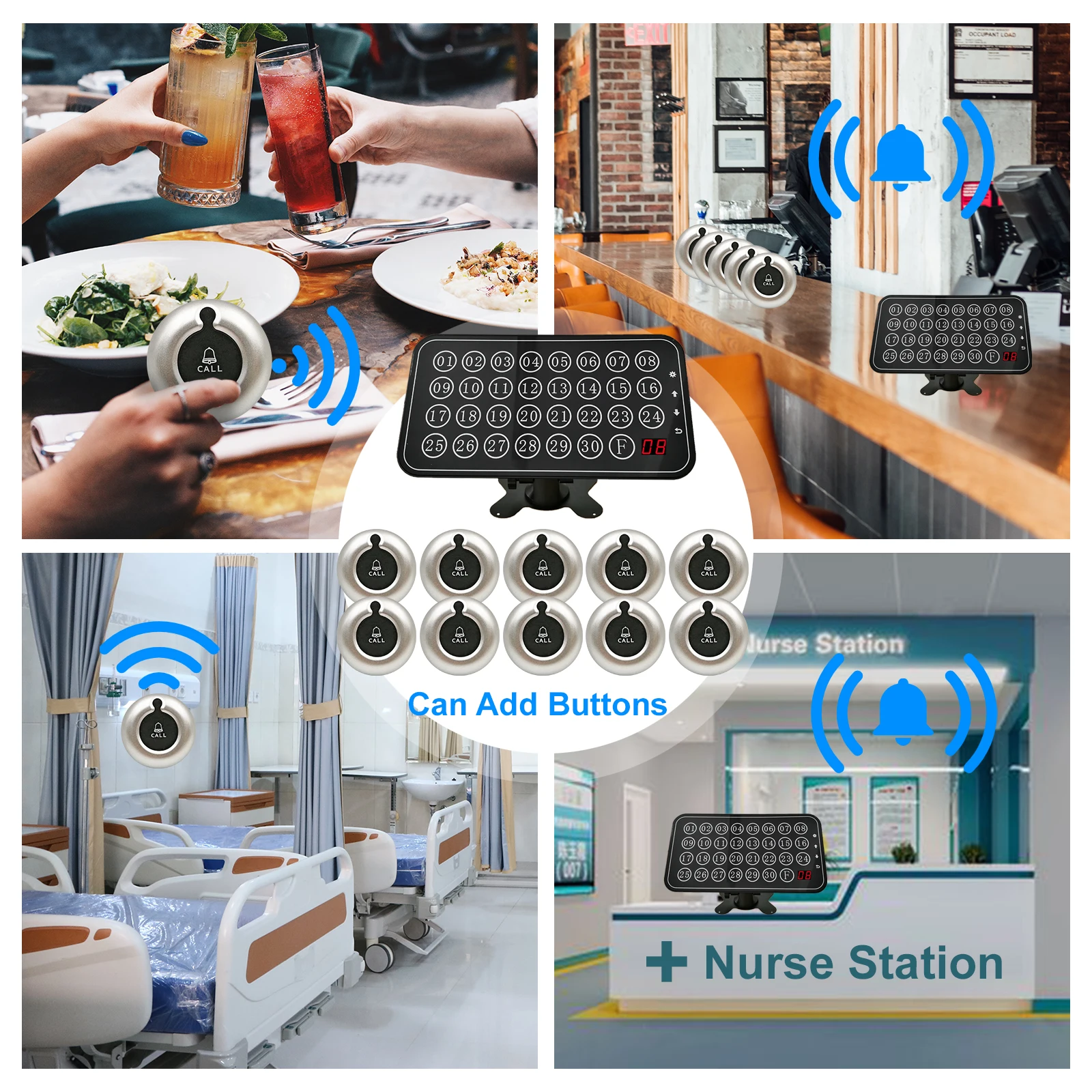 Caregivers Pager Emergency Nurse Call Alarm System Hospital Wireless Calling for Nursing Home Clinic Restaurant 10 Bell Buttons