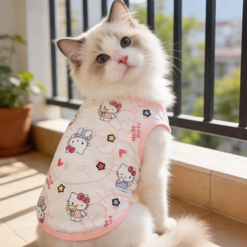 산리오 헬로 키티 귀여운 고양이 강아지 탱크탑, 가볍고 통기성 좋은 면 소재 공주풍 봄 여름 소형 반려동물용 민소매 셔츠