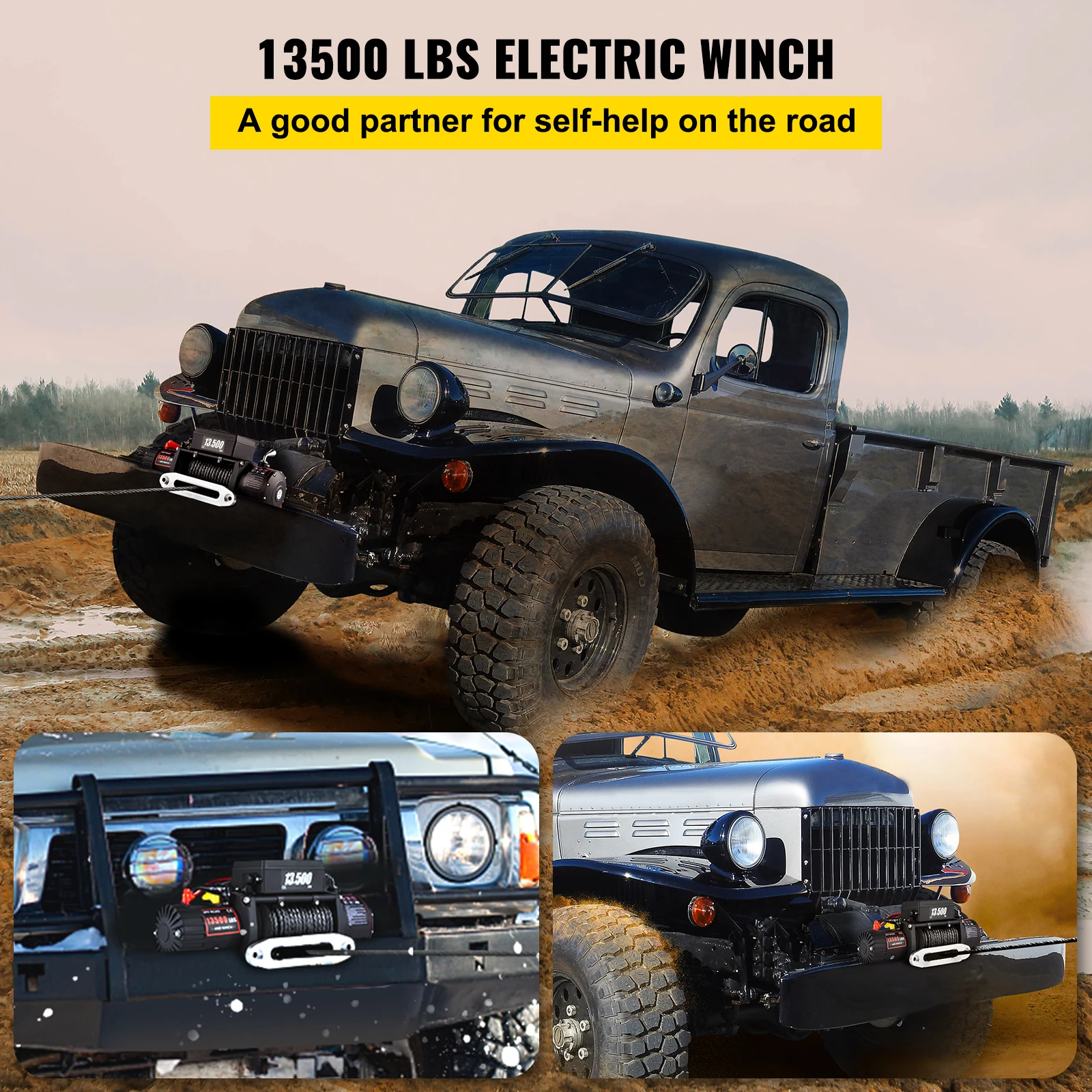 VEVOR 13500LBS 12V Electric Car Winch for 4X4 92FT Synthetic Trailer Ropes Towing Strap With Wireless Control ATV Truck Off Road