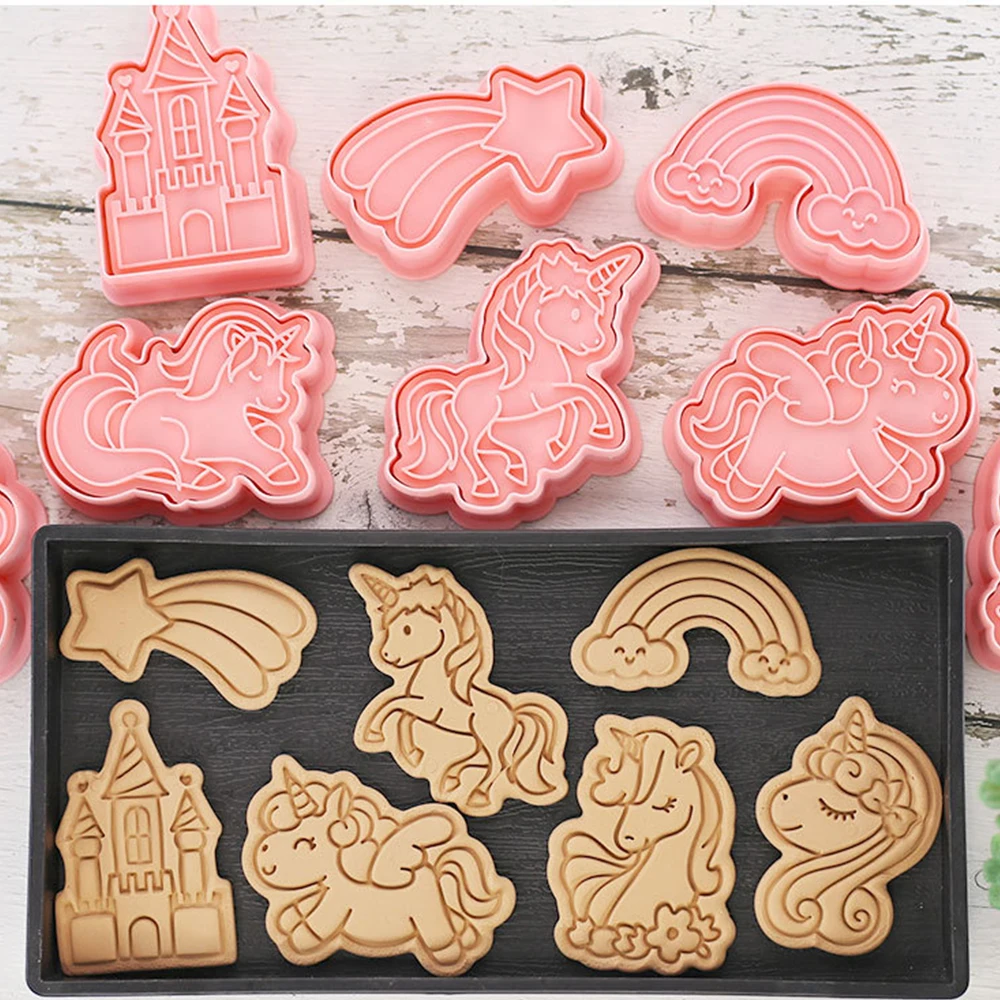 8Pcs Cookie Cutter Stamp Cartoon Unicorn Shape Biscuit Mold Confectionery Kitchen Baking Pastry Tools cookie cutter,cookie mould,cookie printing mold,baking mold