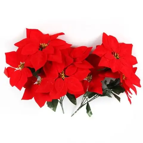 

Fake Red Poinsettia Artificial Flowers Bouquet Bushes Christmas Tree Ornaments Decorative New Year Home Decor