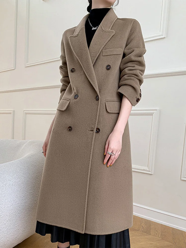 Woman New Solid Double-sided Wool Coat Long Split Double-breasted Wool Coat Thick Lapel Long Sleeve Loose Female Clothing Winter