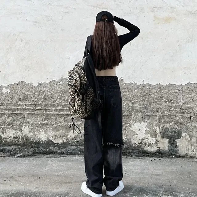 Denim Planet Black Distressed Wide Jeans 2024 New High Waisted Slim Fit Draped Straight Leg Loose Floor Mop Pants