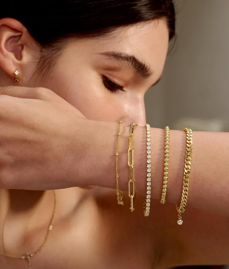 14K Real Gold Plated Titanium Bracelets Sets Cute Tennis Beaded Cuban Link Paperclip Chain Bracelet Pack Gifts for Women Girls 2