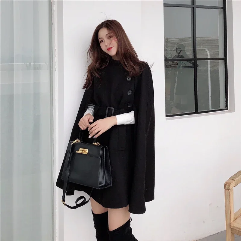 2023 Autumn High Quality Woolen Cloth Shawl Cape Poncho With Belt Women Mid-length Korean Sleeveless Casual Ladies Cape Coats