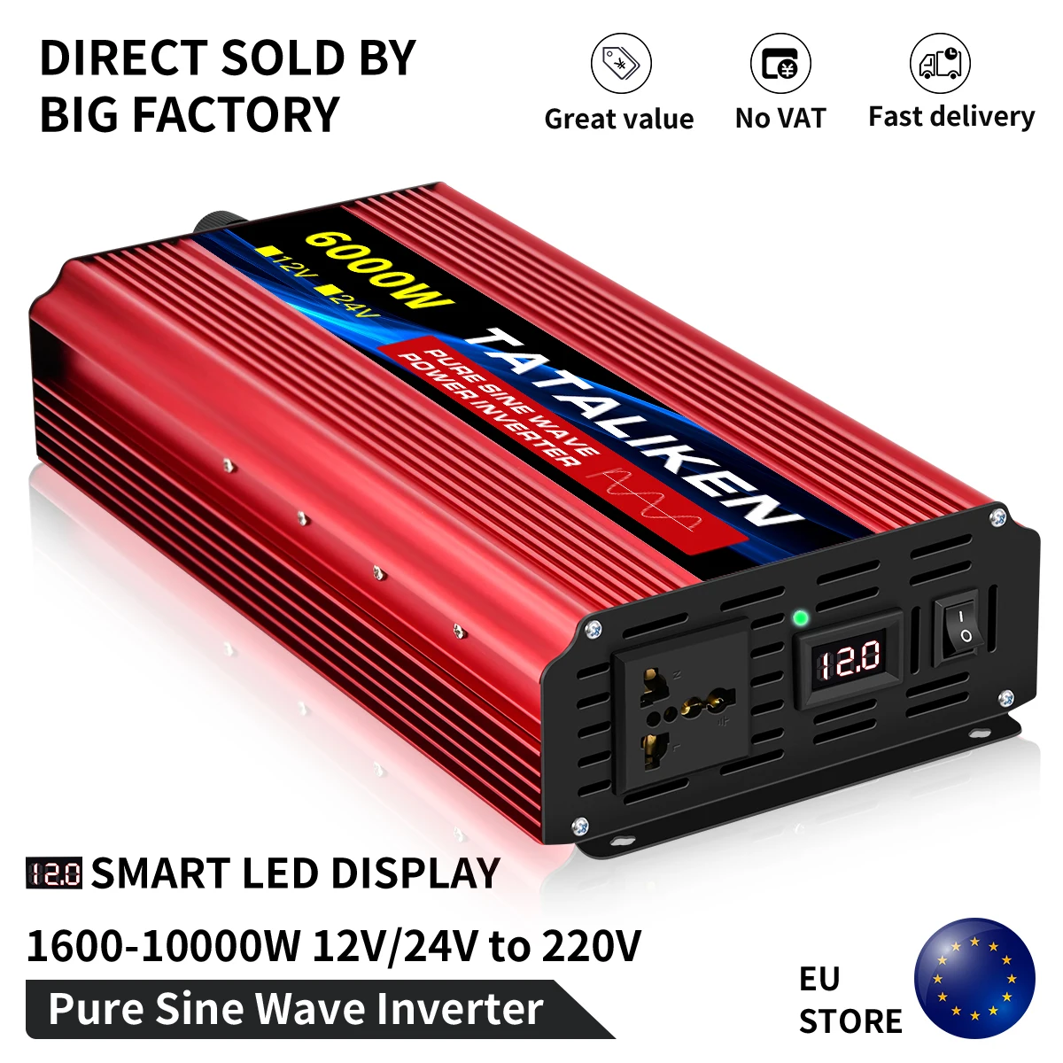 

Pure Sine Wave Power Inverter 1000w/3500w/4500w/5000w/6000w dc 12v LED display is suitable for ac 220v solar converter car