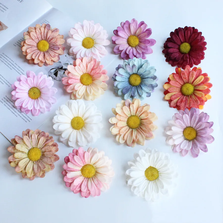 14 Farben 9 cm künstliche Seide große Gänseblümchen Blumenköpfe Hochzeitsstrauß Dekoration Haarnadel Kranz DIY Zubehör Festival Lieferant