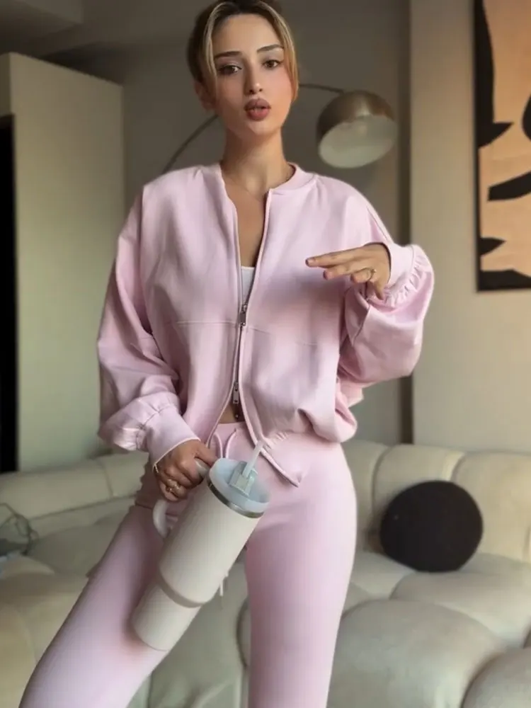 HH Women Casual Solid Coat Flared Pants Suits Long Sleeve Zipper Bomber Jackets 2025 New Fashion Lady Chic Outfit 2 Piece Set