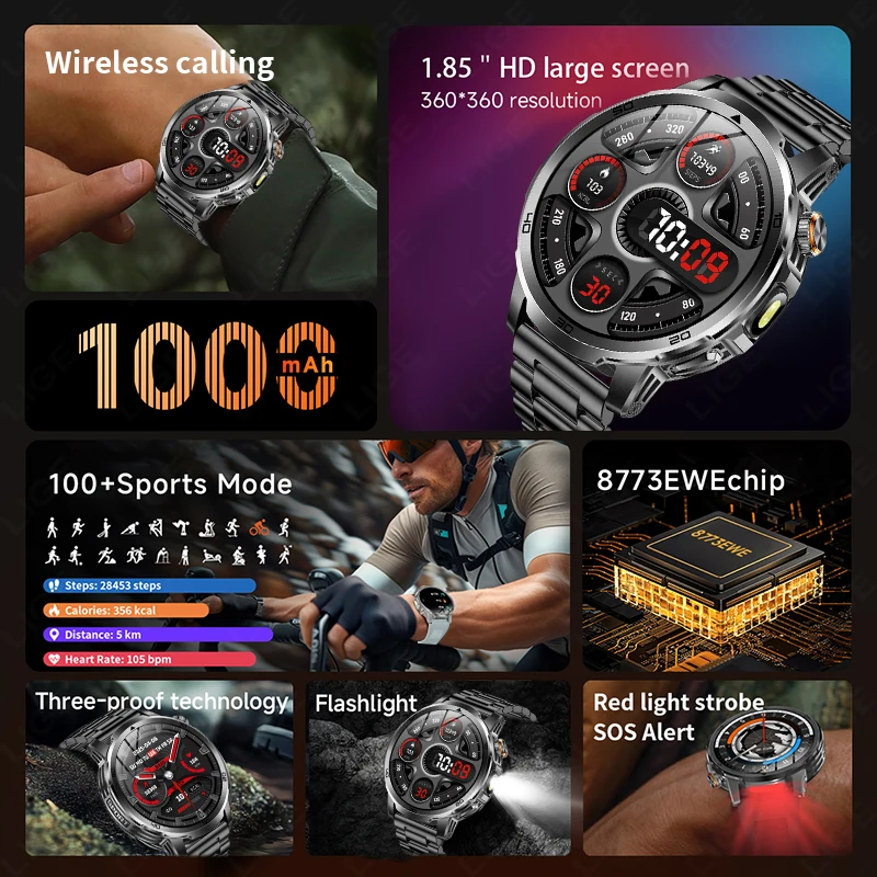 LIGE Outdoor Smart Watch Men 1000mAh Battery LED Flashlight SmartWatch Bluetooth Call Heart Rate Waterproof Sports Smartwatch