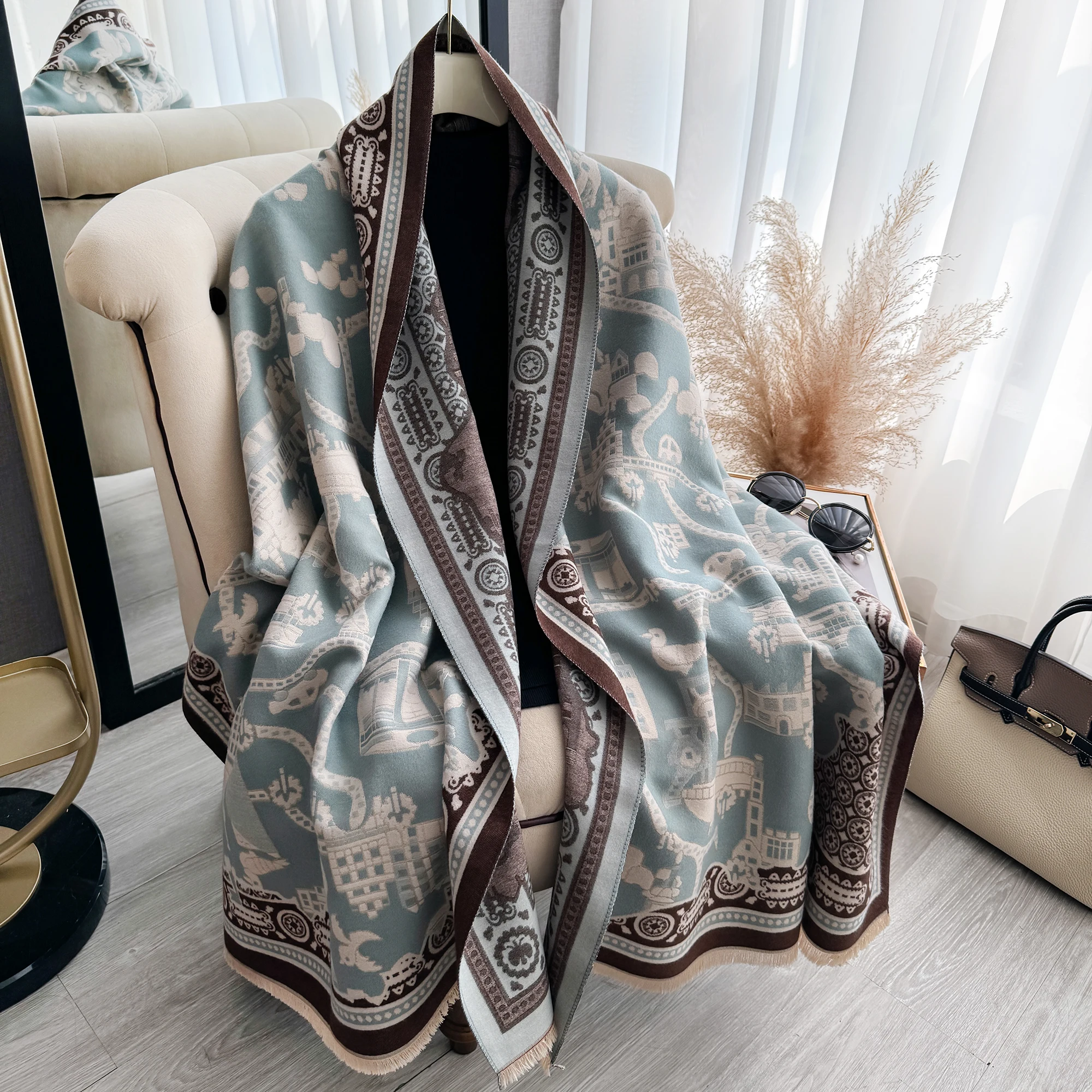 New Arabia Double Sided Tassel Scarf Mature Imitation Cashmere Warm Shawl Autumn Winter Office Coldproof Windproof Wrapped Scarf