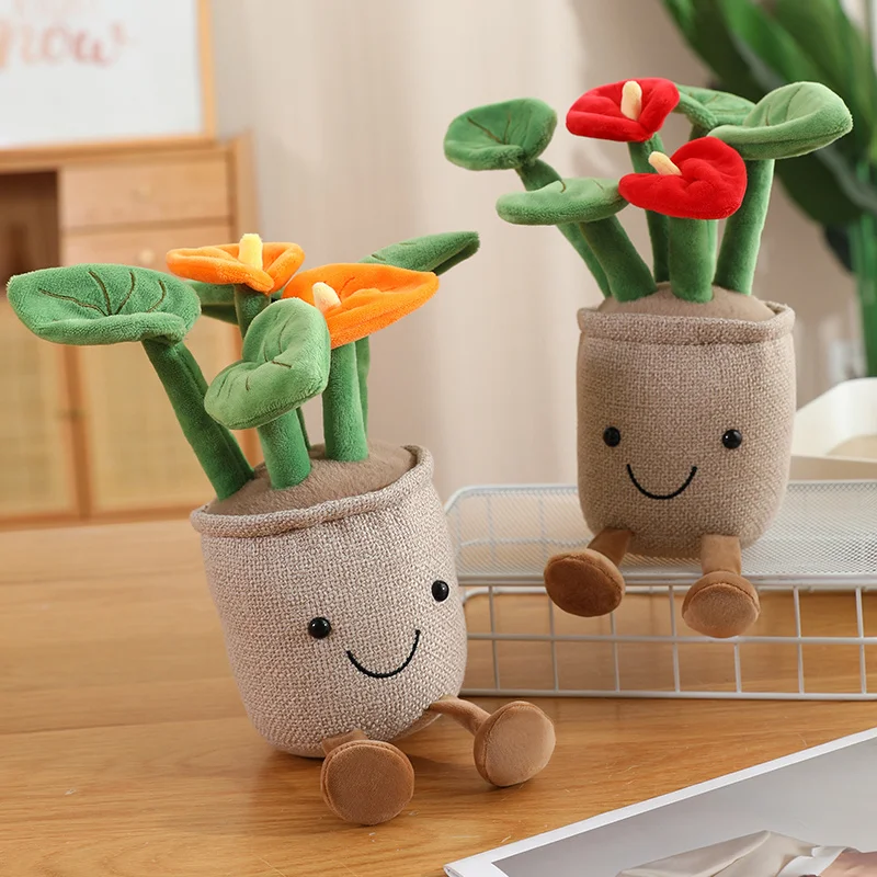 10/35cm 웃는 얼굴 안투리움 플러시 꽃 베개 화분 인형 다리가 있는 인간형 인형 네 가지 색상 홈 데코 소품 선물