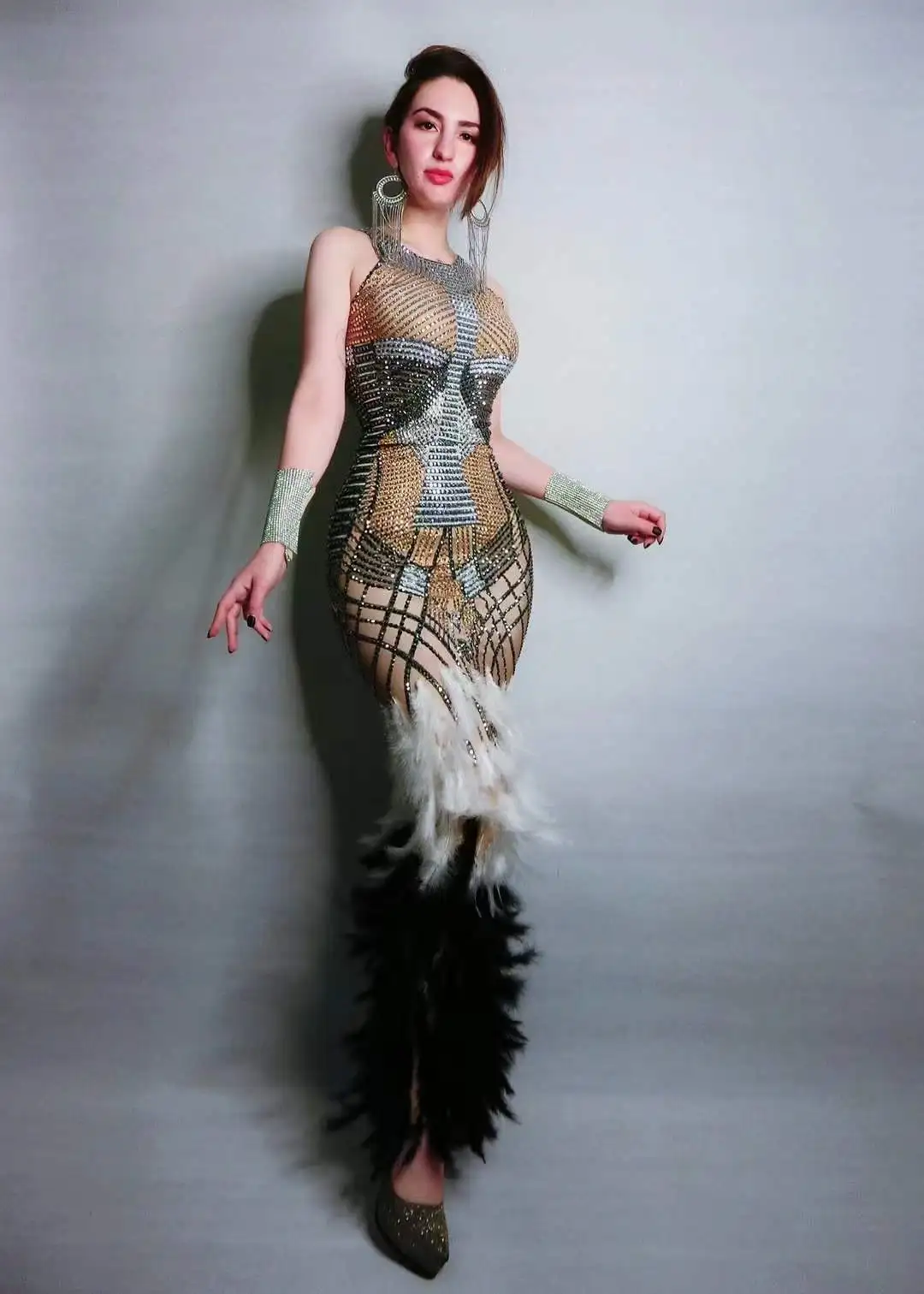 Sleeveless Women Long Dress Feather Rhinestone Sparkly Birthday Celebrate Outfit Drag Queen Stage Wear Singer Nightclub Bar