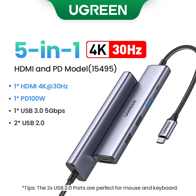 New UGREEN USB HUB 5-in-1 Type-C to 4K HDMI PD100W USB3.0 HUB Multiport Adapter Laptop MacBook iPad Pro Samsung Dell HP Lenovo